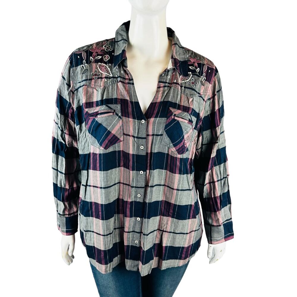 Vintage America Womans Sz 2X Plus Blouse‎ Plaid Long Sleeve Floral Embroidered